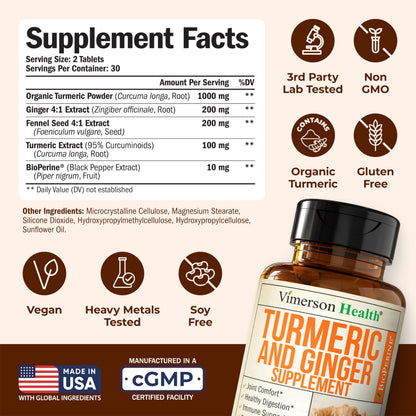 Turmeric Curcumin with Ginger for Joint and Digestive Health | Bioperine | 60 Tablets