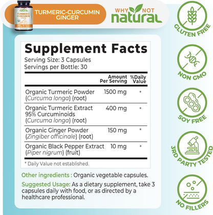 Organic Turmeric Curcumin Capsules with Ginger and Black Pepper - Tumeric