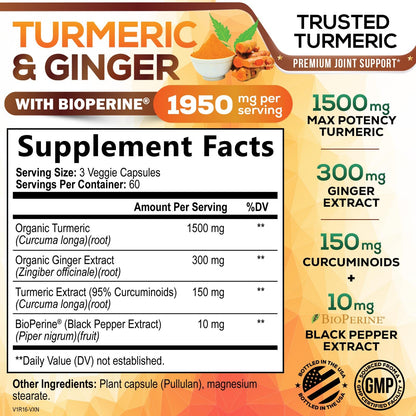 Turmeric Curcumin 1950mg with BioPerine – 95% Curcuminoids, Organic Turmeric & Ginger, 180 Capsules