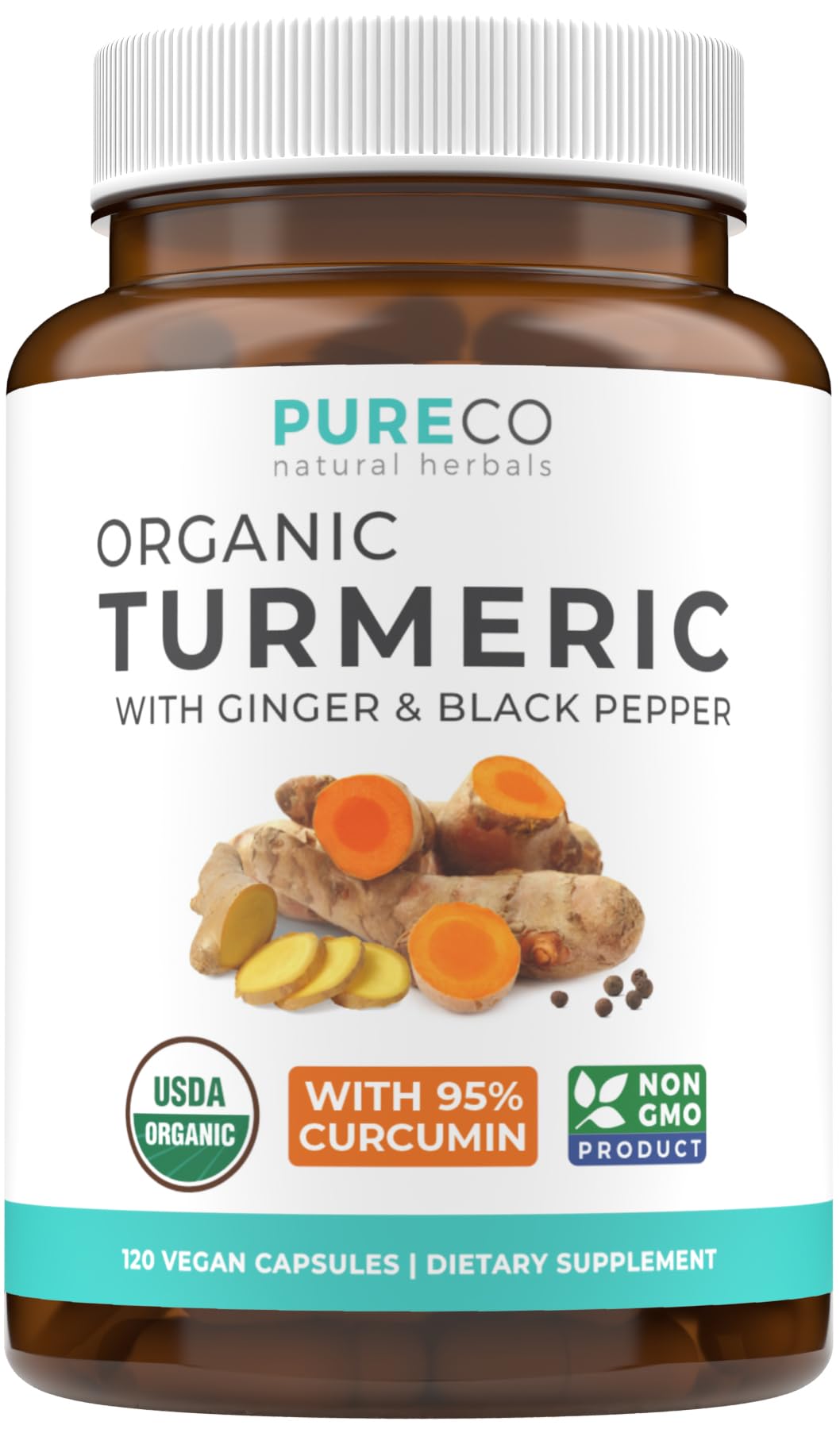 Organic Turmeric Ginger Black Pepper Supplement - High Potency Curcumin, 2 Month Supply