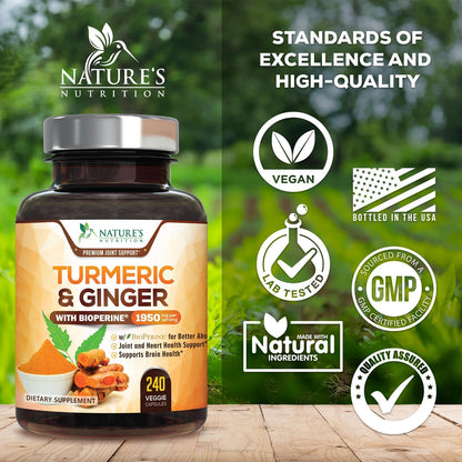 Turmeric Curcumin 1950mg – 95% Curcuminoids, Organic Turmeric & Ginger, BioPerine | 240 Capsules