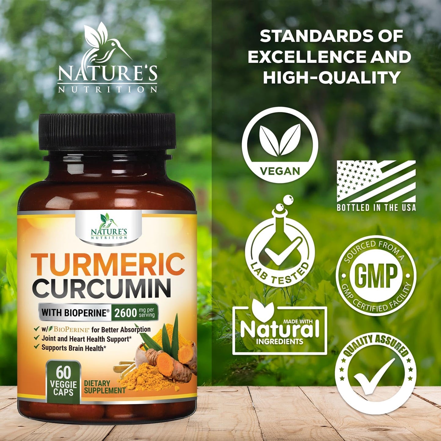 Turmeric Curcumin 2600mg with BioPerine – 95% Curcuminoids | Organic Turmeric, Vegan, Non-GMO | 60 Capsules | Made in USA