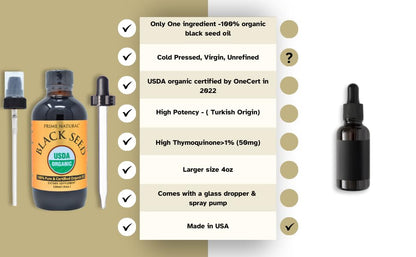 Prime Natural Organic Black Seed Oil 4oz – Cold Pressed, 1.7% Thymoquinone, USDA Organic, Turkish Origin