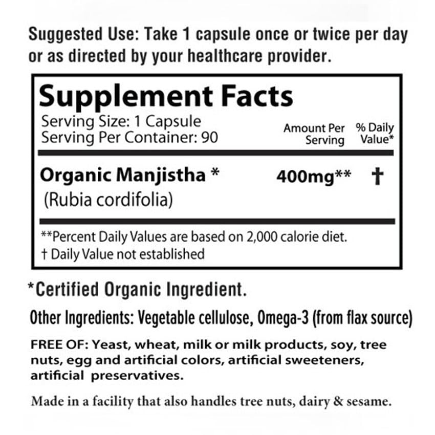 AyurBest Manjistha 400mg Capsules - USDA Organic, Kosher - 90 Count
