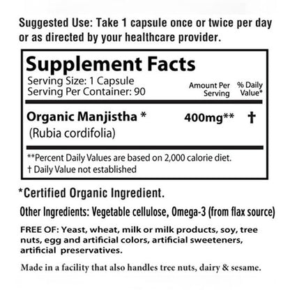 AyurBest Manjistha 400mg Capsules - USDA Organic, Kosher - 90 Count