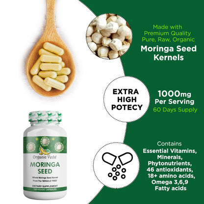 Organic Veda Moringa Seed Capsules – 1000 mg Moringa Seed Powder & Oil, 120 ct