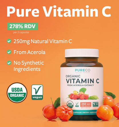 Certified Organic Vitamin C Supplement - Acerola Immune Support (1 Month Supply)