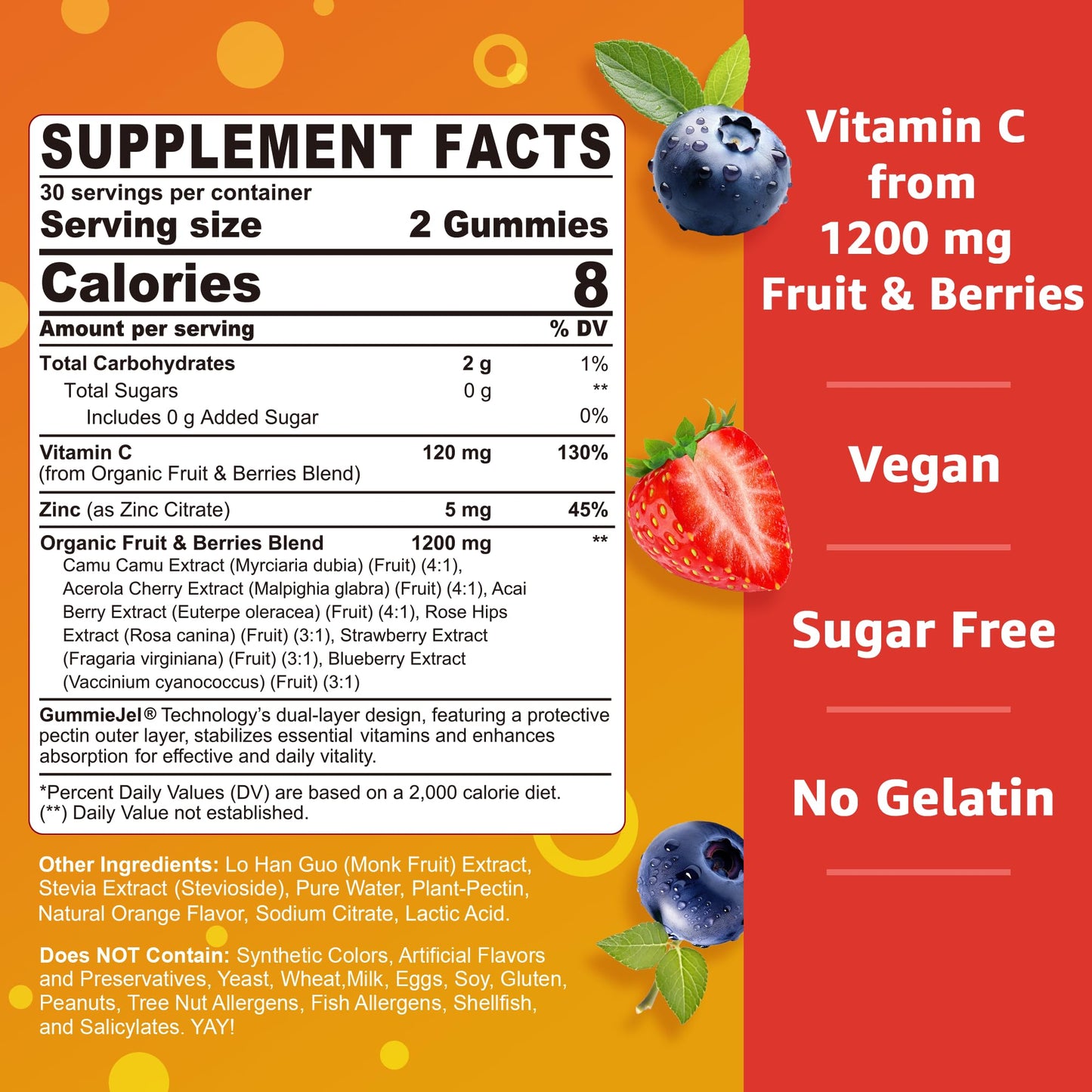 Organic Vitamin C Gummies 120mg for Adults – Sugar Free, Vegan, 60 Count
