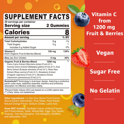 Organic Vitamin C Gummies 120mg for Adults – Sugar Free, Vegan, 60 Count
