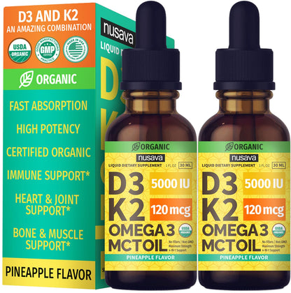 2 Pack Organic Vitamin D3 K2 Drops with MCT Oil – Pineapple 2 fl oz | 5000 IU Immune Support