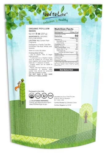 Organic Whole Psyllium Seeds - 8oz, Non-GMO, Vegan, Kosher, Keto