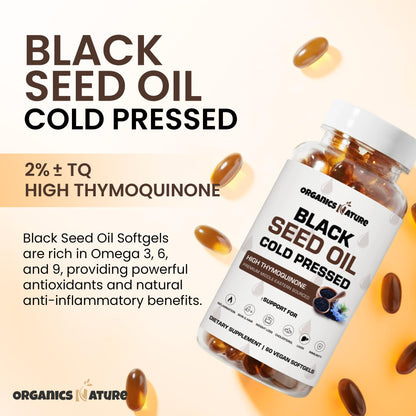 ORGANICS NATURE Black Seed Oil Capsules 1000mg – Vegan Softgels | Thymoquinone 20mg | Omega 3-6-9