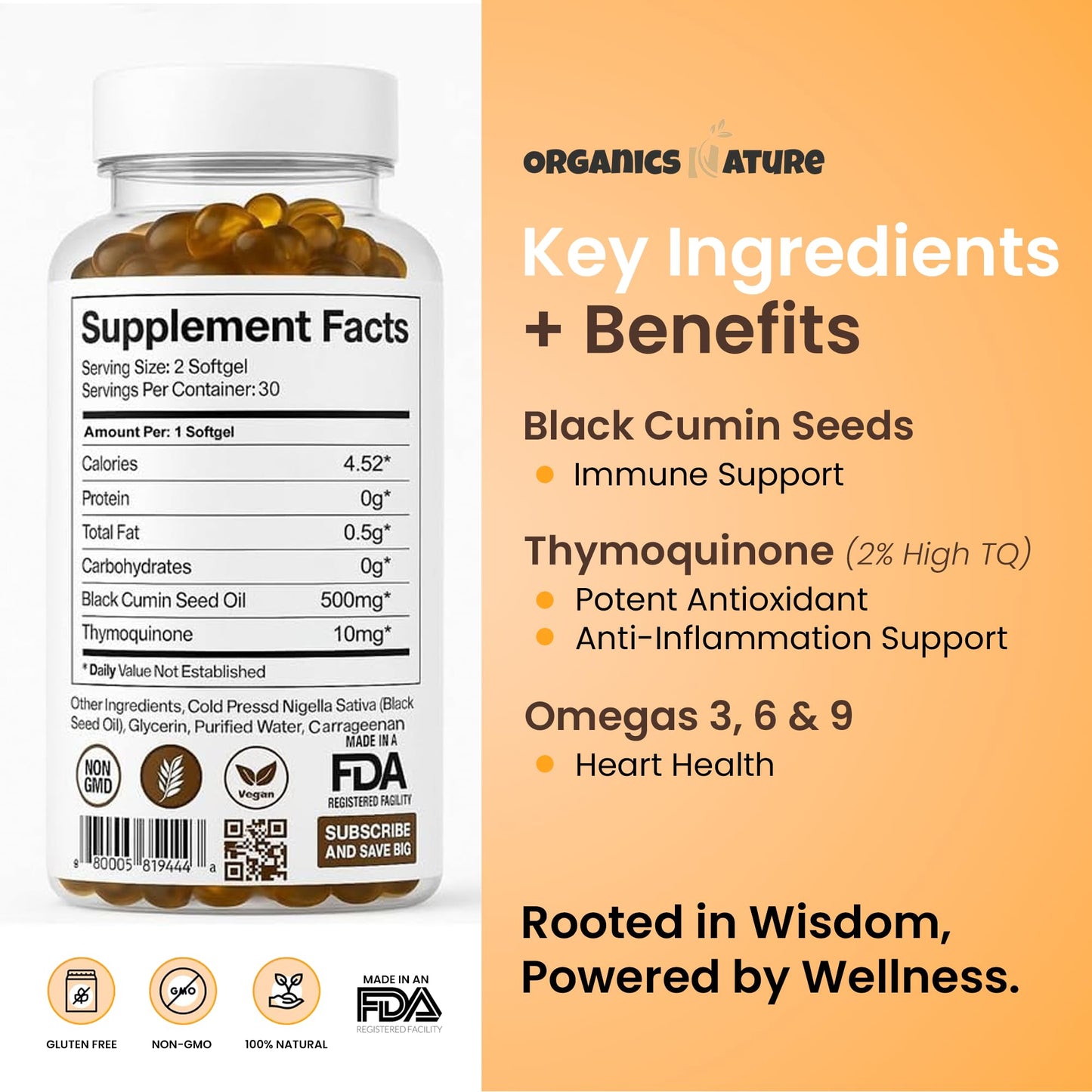 ORGANICS NATURE Black Seed Oil Capsules 1000mg – Vegan Softgels | Thymoquinone 20mg | Omega 3-6-9