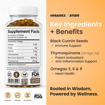 ORGANICS NATURE Black Seed Oil Capsules 1000mg – Vegan Softgels | Thymoquinone 20mg | Omega 3-6-9