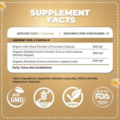 ORGANICS NATURE Irish Sea Moss Capsules 45 Servings | High Potency Seamoss Pills | Dr. Sebi Approved Sea Moss for Energy 90 Vegan Capsules
