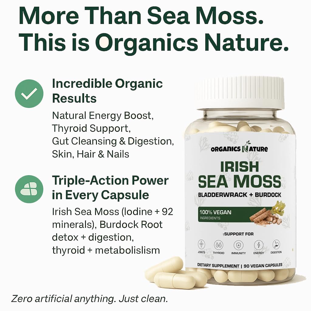 ORGANICS NATURE Irish Sea Moss Capsules 45 Servings | High Potency Seamoss Pills | Dr. Sebi Approved Sea Moss for Energy 90 Vegan Capsules