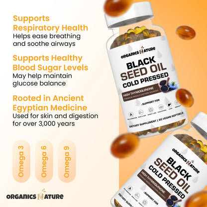 ORGANICS NATURE Black Seed Oil Capsules 1000mg – Vegan Softgels | Thymoquinone 20mg | Omega 3-6-9