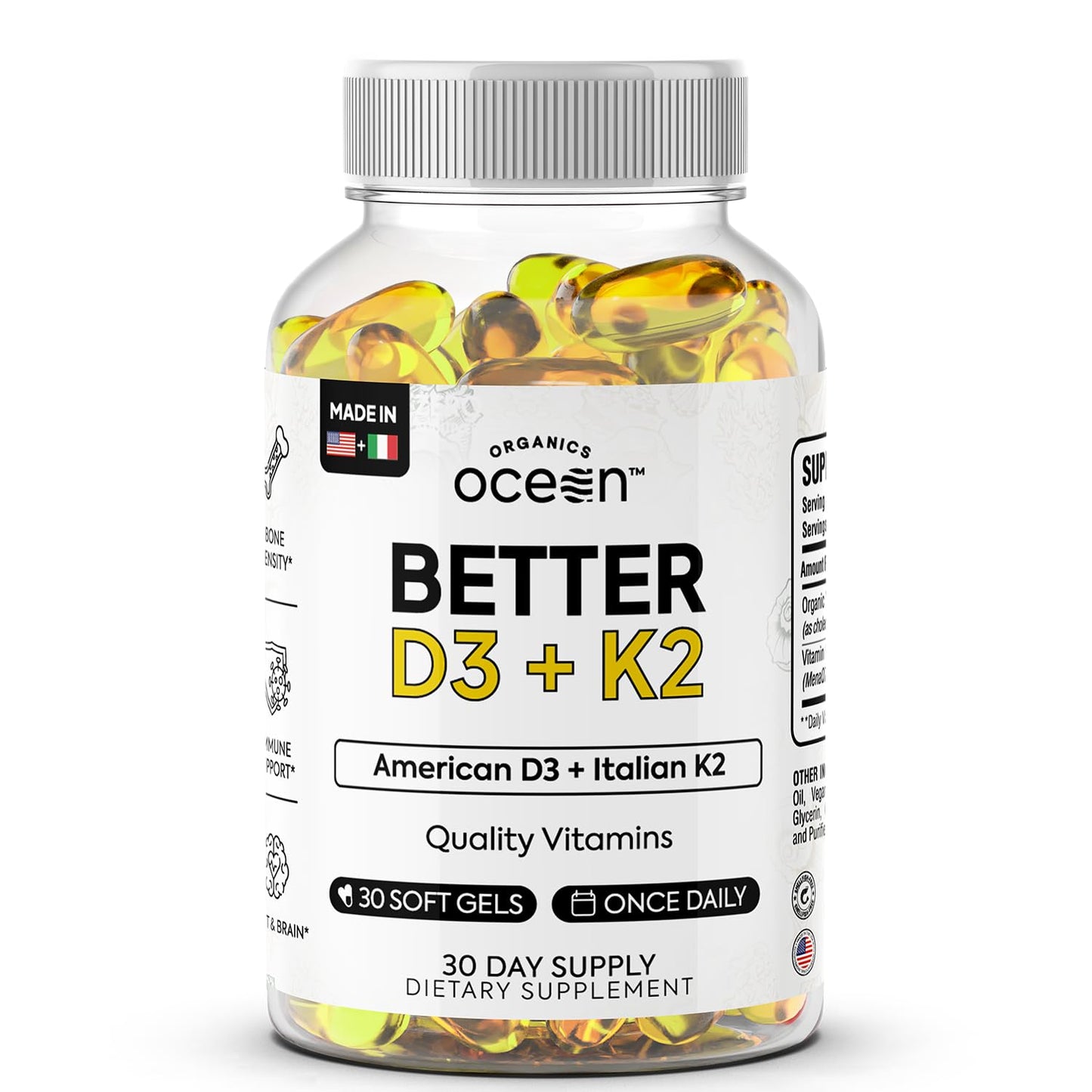 Organics Ocean Better D3 + K2 – 3000 IU VegD3 + MenaQ7 K2 (Vegan, Non-GMO) – 1-Pack, 30-Day Supply
