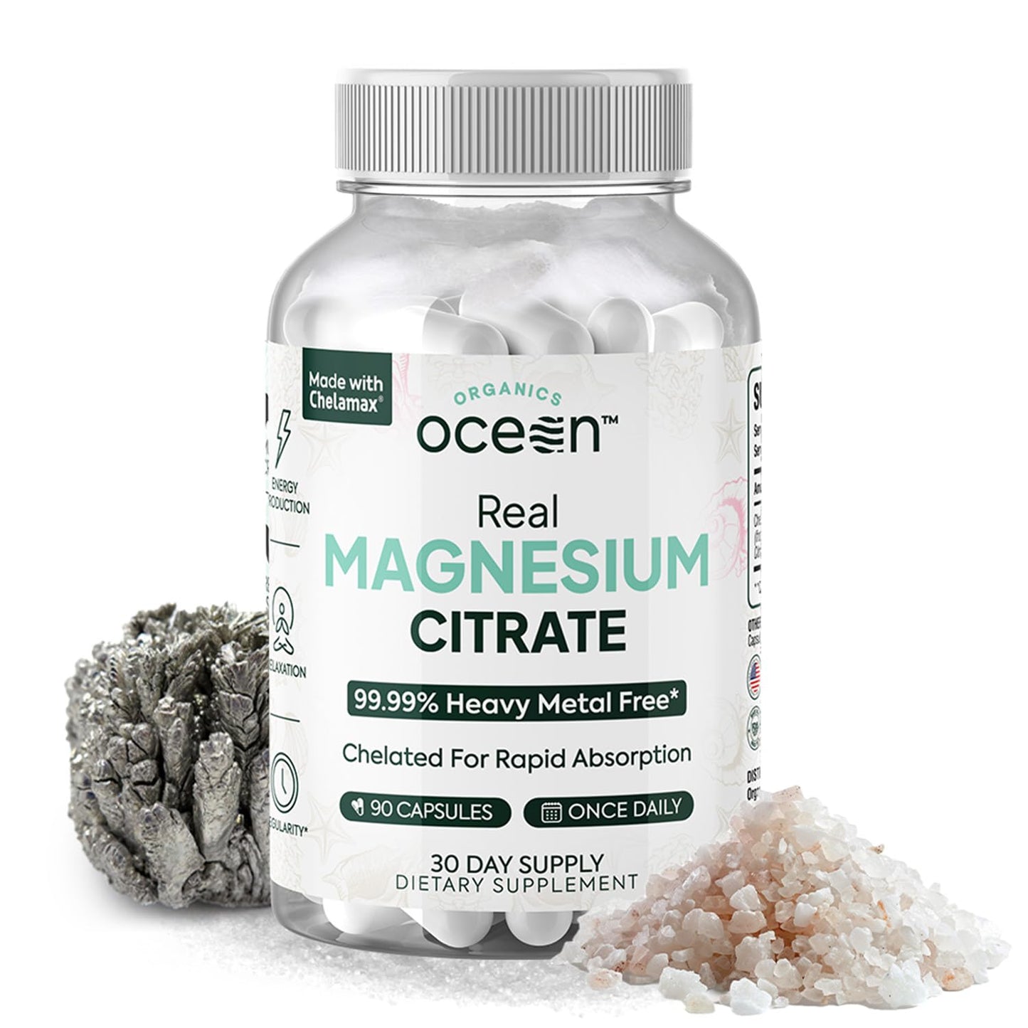 Organics Ocean Real Magnesium Citrate - High-Absorption Chelated Magnesium for Energy, Relaxation & Regularity