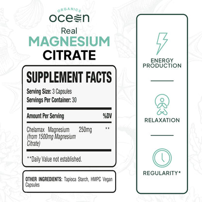 Organics Ocean Real Magnesium Citrate - High-Absorption Chelated Magnesium for Energy, Relaxation & Regularity