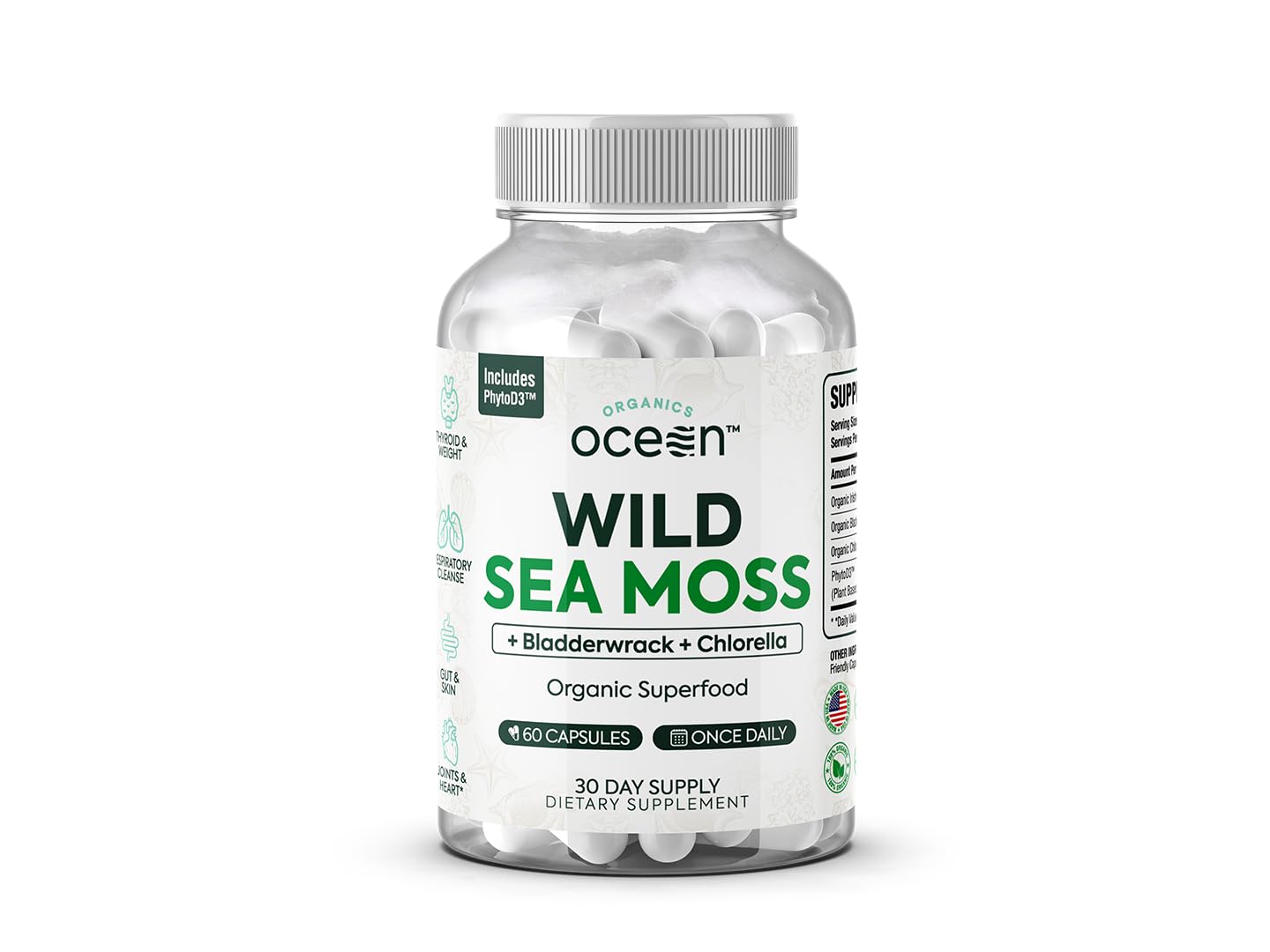 Organics Ocean Wild Sea Moss Capsules – 60 Capsules | Organic Irish Sea Moss, Bladderwrack, Chlorella & Vitamin D3