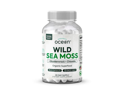 Organics Ocean Wild Sea Moss Capsules – 60 Capsules | Organic Irish Sea Moss, Bladderwrack, Chlorella & Vitamin D3