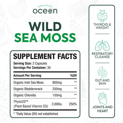 Organics Ocean Wild Sea Moss Capsules – 60 Capsules | Organic Irish Sea Moss, Bladderwrack, Chlorella & Vitamin D3