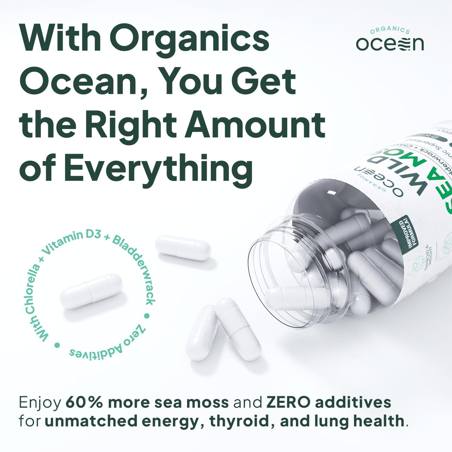 Organics Ocean Wild Sea Moss Capsules – 60 Capsules | Organic Irish Sea Moss, Bladderwrack, Chlorella & Vitamin D3