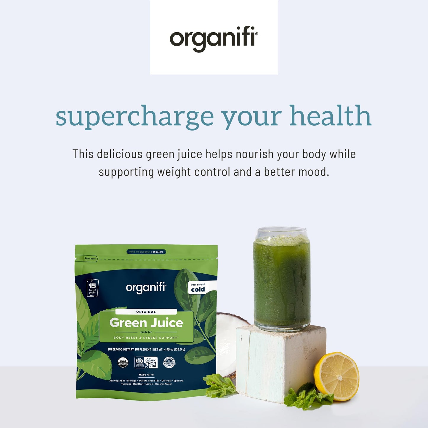 Organifi GO Packs: Green Juice – Organic Superfood (15 Travel Packs)