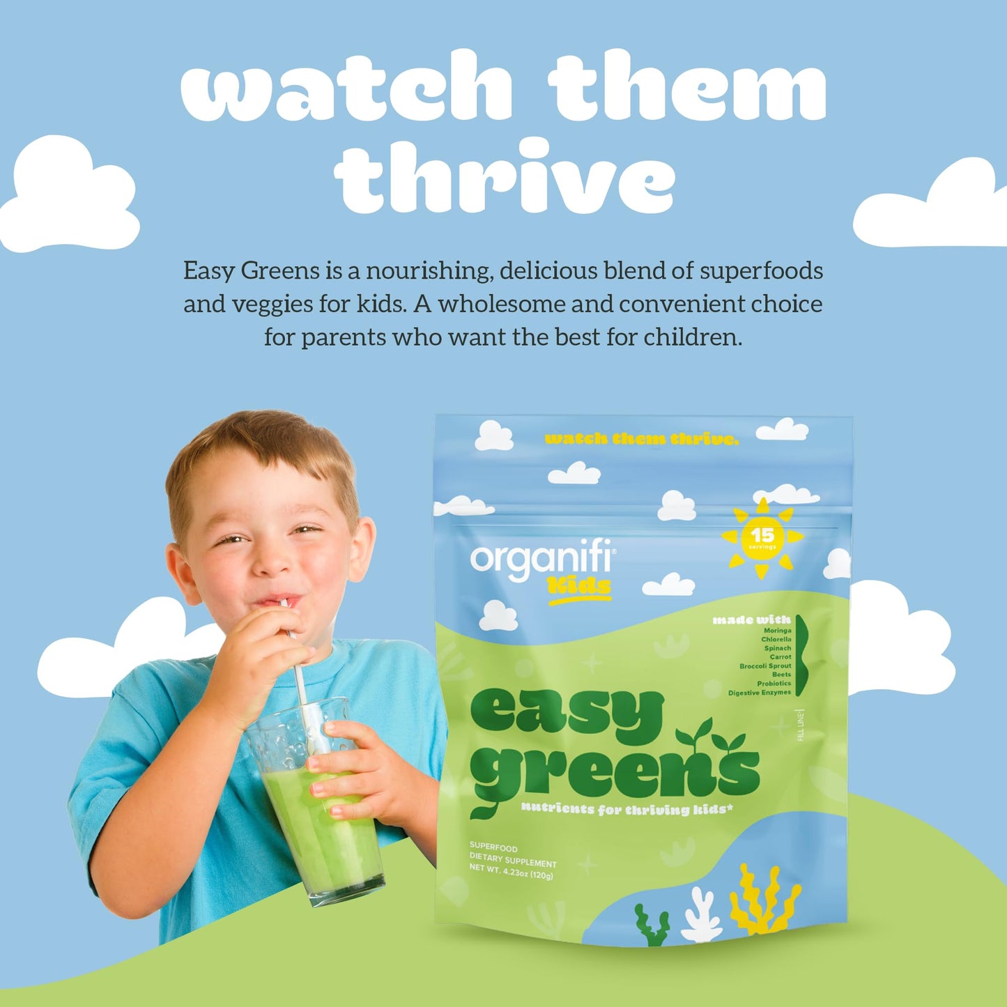 Organifi Kids Easy Greens Probiotics - Veggie Superfood for Kids, 15 Servings