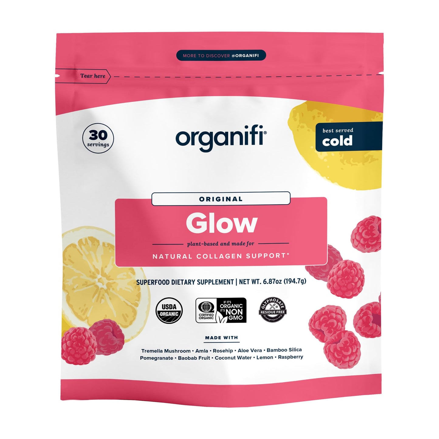 Organifi Glow - Vegan Collagen Powder for Women | Organic Flavored Water Ingredient, 30 Servings