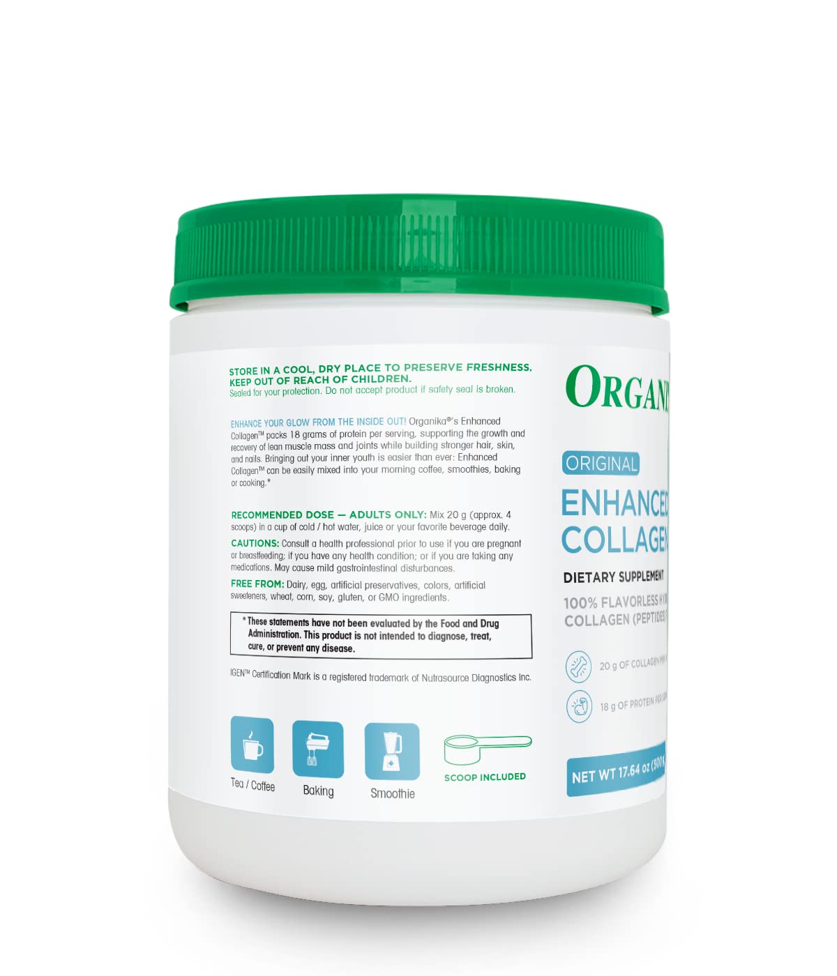 Organika Hydrolyzed Collagen Peptides Powder – Unflavored, Grass-Fed, Keto | 18 oz (25 Day Supply)