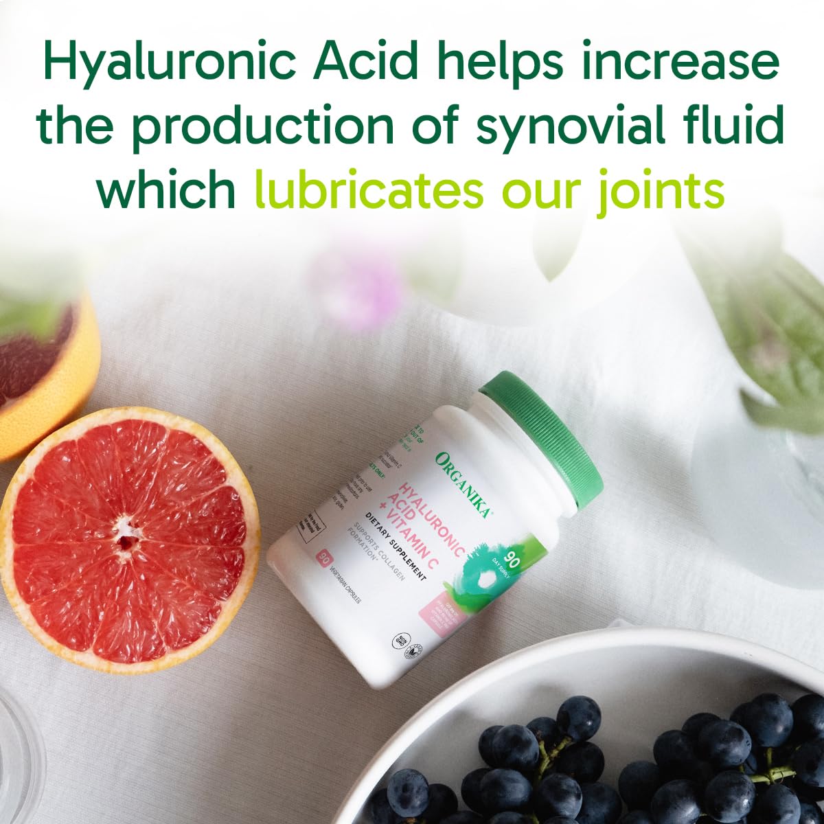 Organika Hyaluronic Acid + Vitamin C (90 Veg Capsules) – Joint Mobility & Skin Hydration