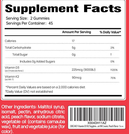 ORGMO Vitamin D3 K2 Gummies for Women – Sugar Free, 9000IU, Peach Flavor | 90 Count