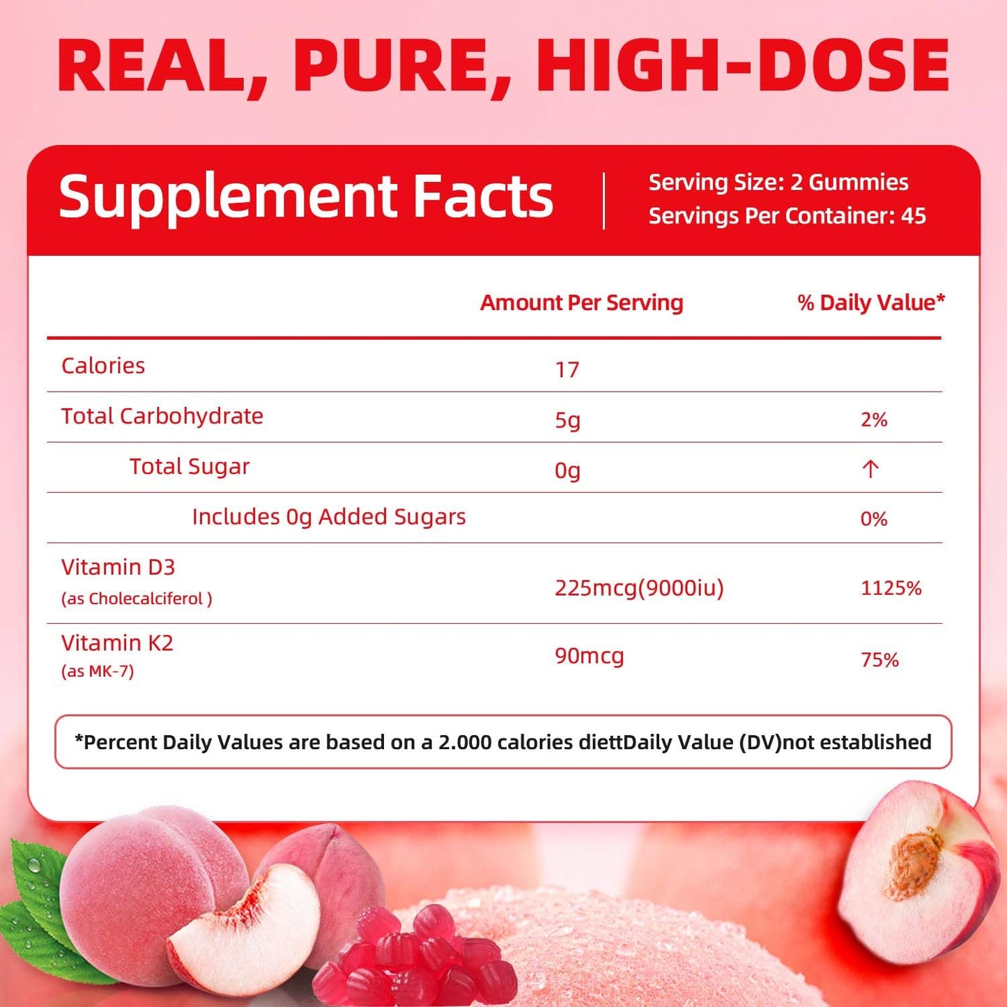 ORGMO Vitamin D3 K2 Gummies for Women – Sugar Free, 9000IU, Peach Flavor | 90 Count