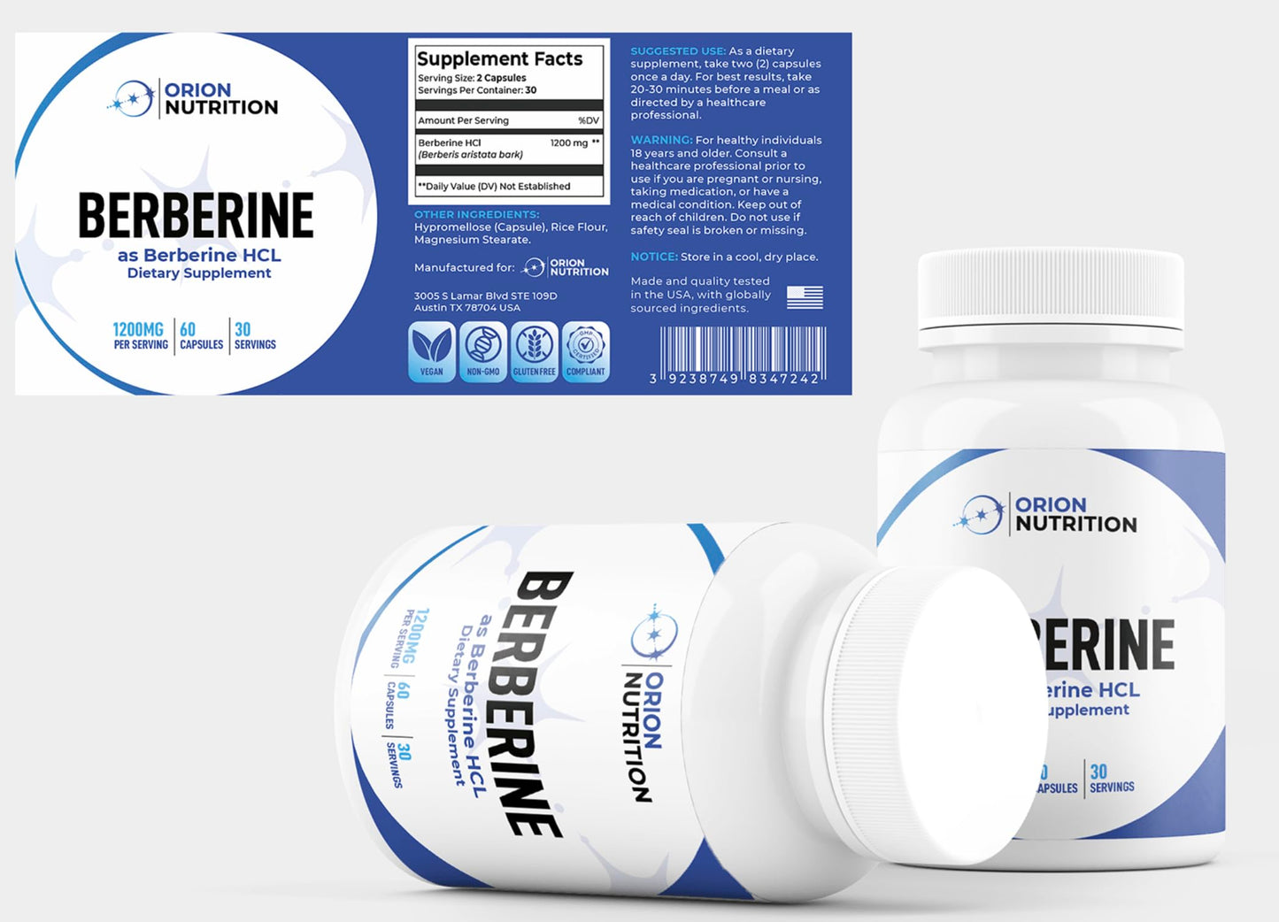 Orion Nutrition Berberine 1200mg per Serving – 60 Capsules, 30 Servings