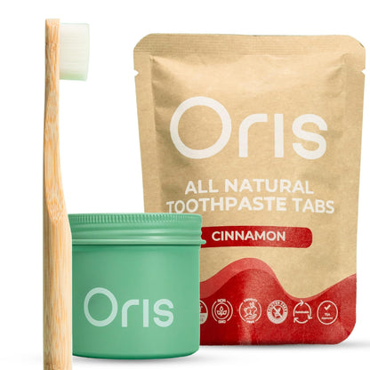 Oris Starter Bundle – 1 Month Supply: Natural Toothpaste Tablets | Fluoride-Free, Travel-Friendly, Kid-Safe with Enamel-Strengthening Nanohydroxyapatite (62 Count, Cinnamon)