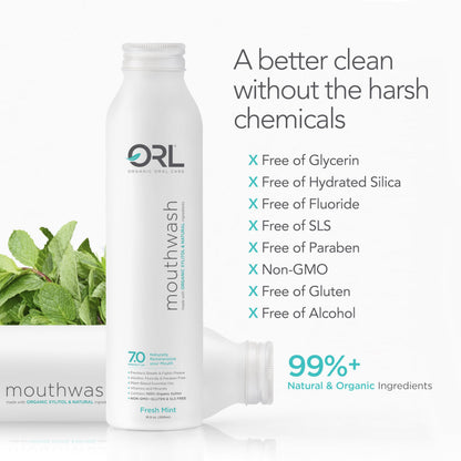 ORL Natural & Organic Alcohol-Free Mouthwash - 7.0 pH, Xylitol, Aluminum Bottle 16.9 oz