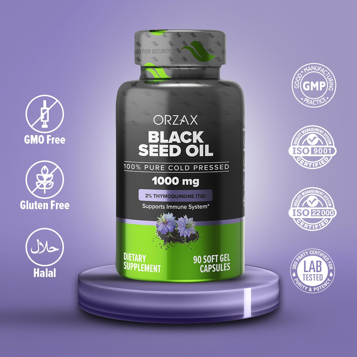 ORZAX Black Seed Oil 1000 mg – Cold-Pressed, 90 Softgels | Non-GMO, Omega 3-6-9, Thymoquinone