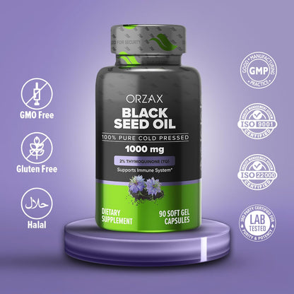 ORZAX Black Seed Oil 1000 mg – Cold-Pressed, 90 Softgels | Non-GMO, Omega 3-6-9, Thymoquinone