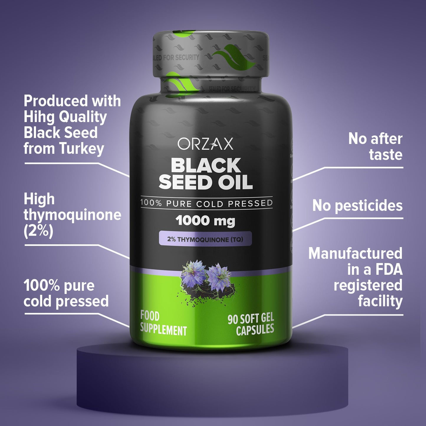 ORZAX Black Seed Oil 1000 mg – Cold-Pressed, 90 Softgels | Non-GMO, Omega 3-6-9, Thymoquinone