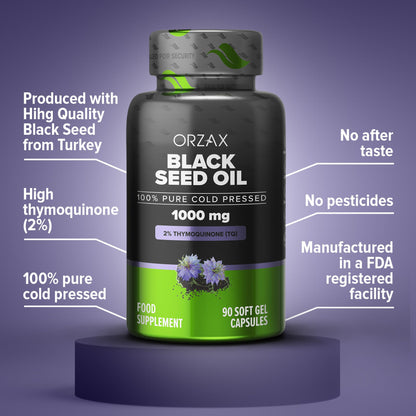 ORZAX Black Seed Oil 1000 mg – Cold-Pressed, 90 Softgels | Non-GMO, Omega 3-6-9, Thymoquinone