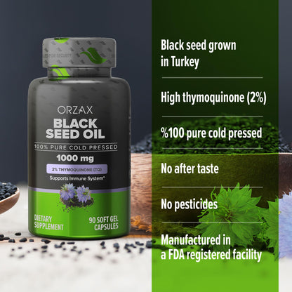 ORZAX Black Seed Oil 1000 mg – Cold-Pressed, 90 Softgels | Non-GMO, Omega 3-6-9, Thymoquinone