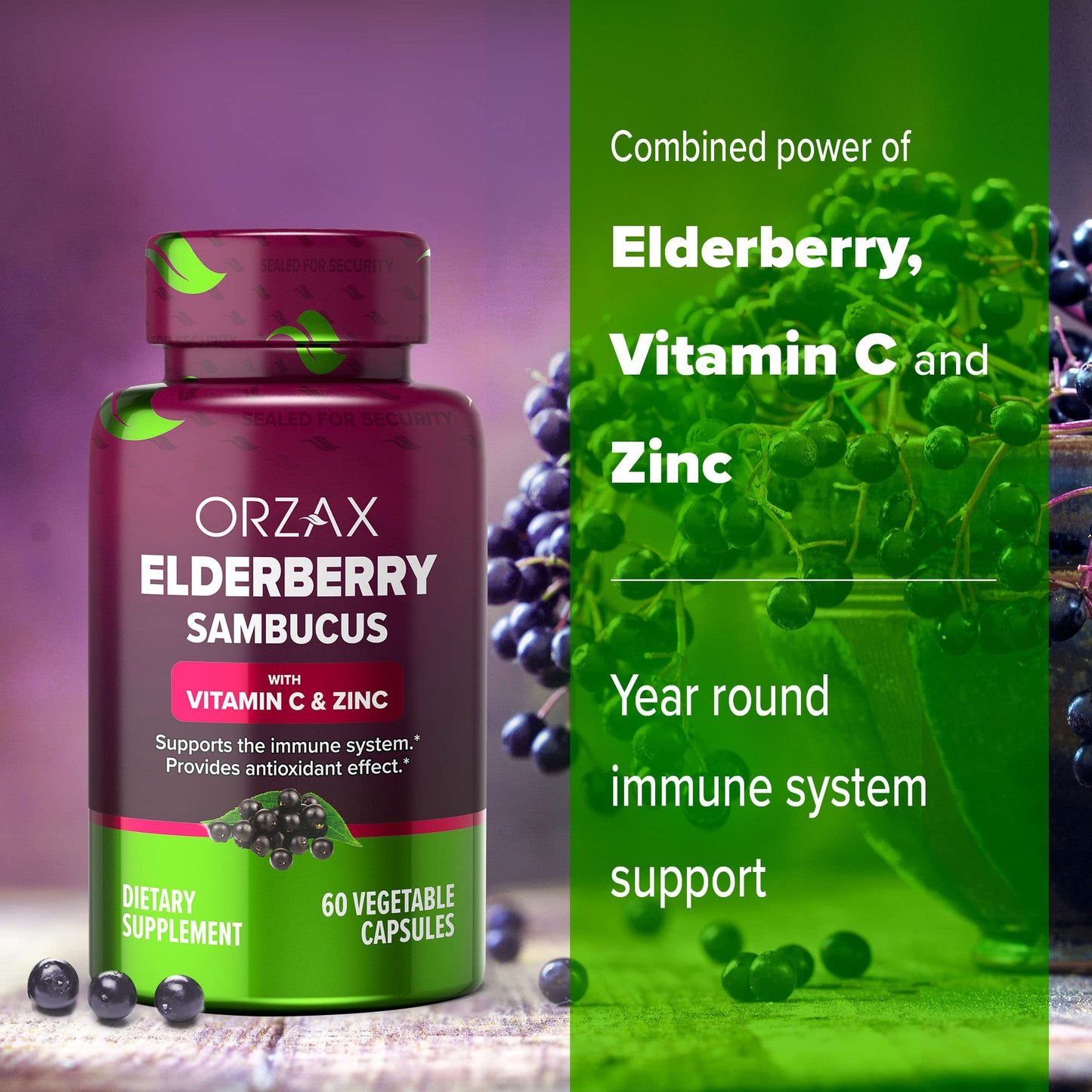 ORZAX Elderberry Capsules – Immune Support with Vitamin C & Zinc | 60 Vegetable Capsules