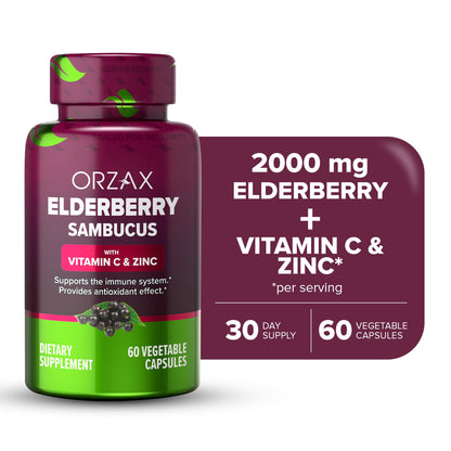 ORZAX Elderberry Capsules – Immune Support with Vitamin C & Zinc | 60 Vegetable Capsules