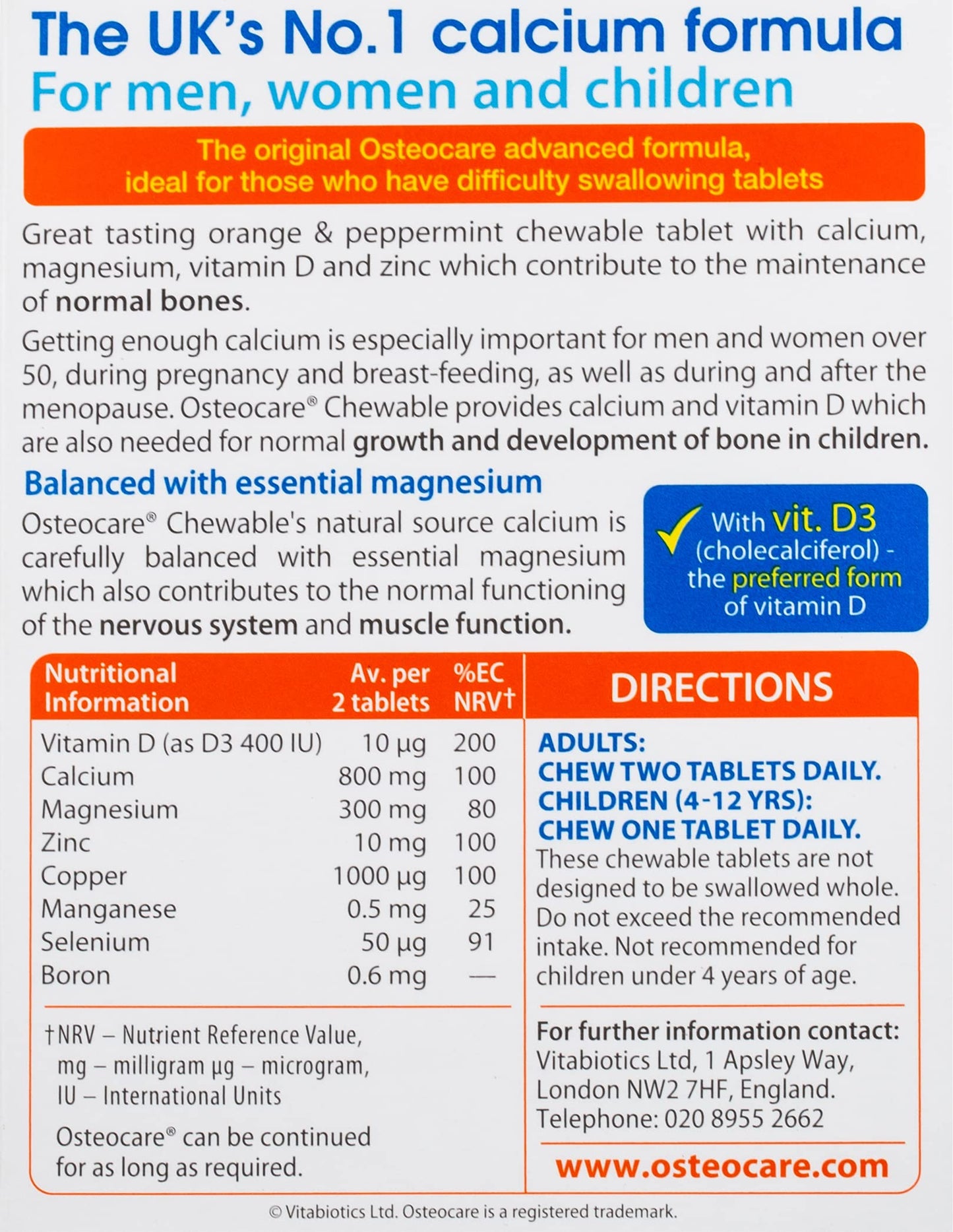 Osteocare Chewable 30 Tablets - Peppermint & Orange Flavor