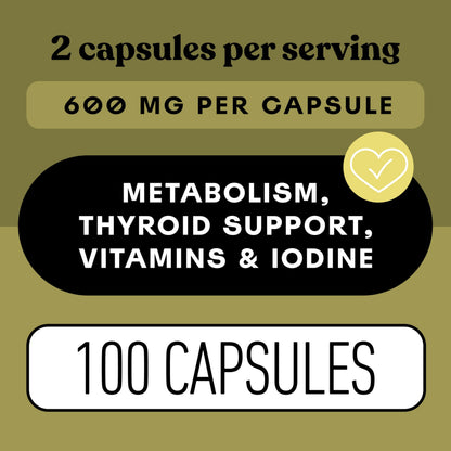 Raw Sea Kelp Powder Capsules 600mg – 100 Vegetarian, Gluten-Free, Thyroid Support