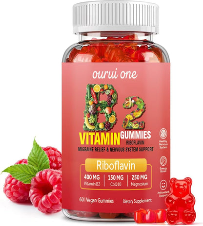 Ourui One Vitamin B2 Gummies 400mg – Riboflavin 400mg + CoQ10 150mg + Magnesium 200mg | 60 Vegan Raspberry Chewables