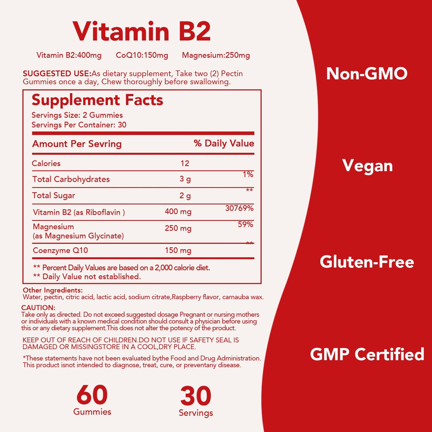 Ourui One Vitamin B2 Gummies 400mg – Riboflavin 400mg + CoQ10 150mg + Magnesium 200mg | 60 Vegan Raspberry Chewables