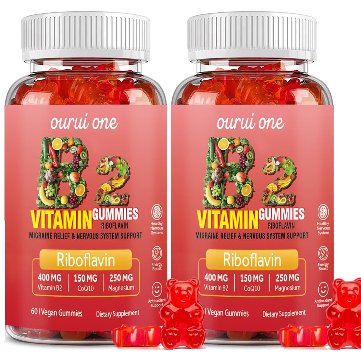Ourui One Vitamin B2 Gummies 400mg – Riboflavin 400mg with CoQ10 150mg, Magnesium 200mg | 60 Vegan Raspberry Gummies (Pack 2)